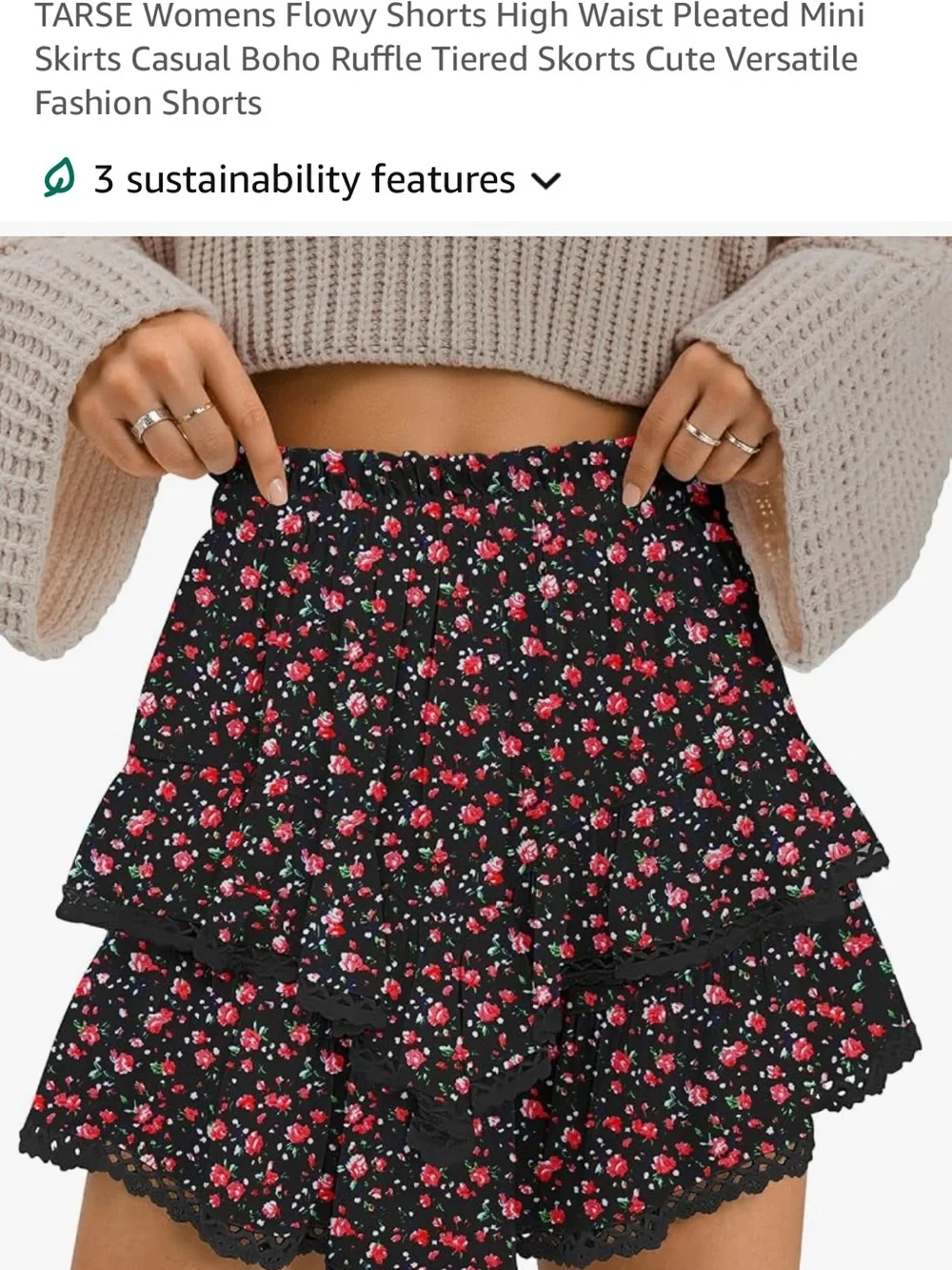 Black Floral Ruffle Skort For Women with Red Rose Print